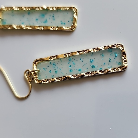 GOLD Framed Acrylic translucent  Blue bar SPARKLE earrings - Picture 2 of 4